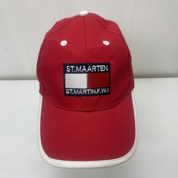 St Maarten Hat Cap Red White ST Martin FWI Strapback Adjustable Embroidered - Picture 2 of 12